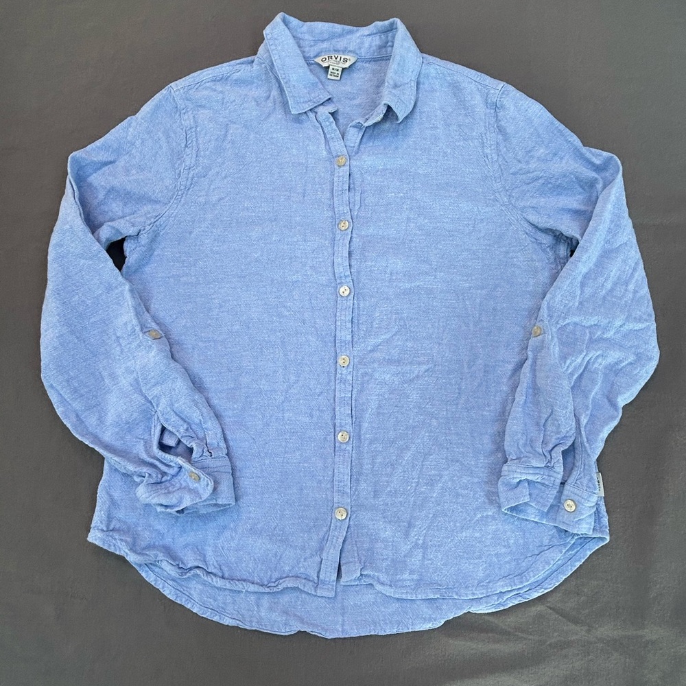 Orvis Button Up Shirt Long Sleeve Roll‎ Tab Linen Blend Blue